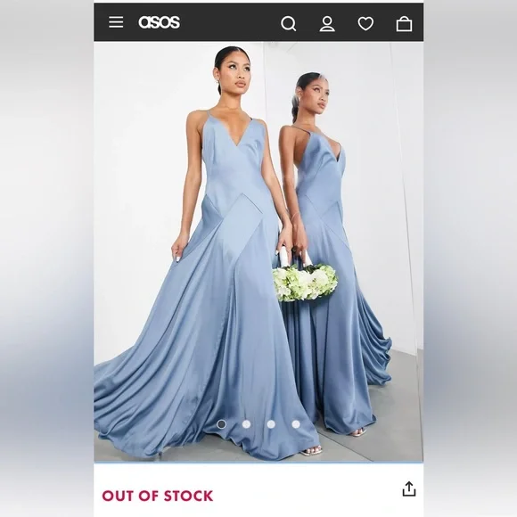 ASOS Design Bridesmaid satin plunge maxi dress with cross back in dusky blue ASOS Design Bridesmaid satin plunge maxi dress with cross back in dusky blue